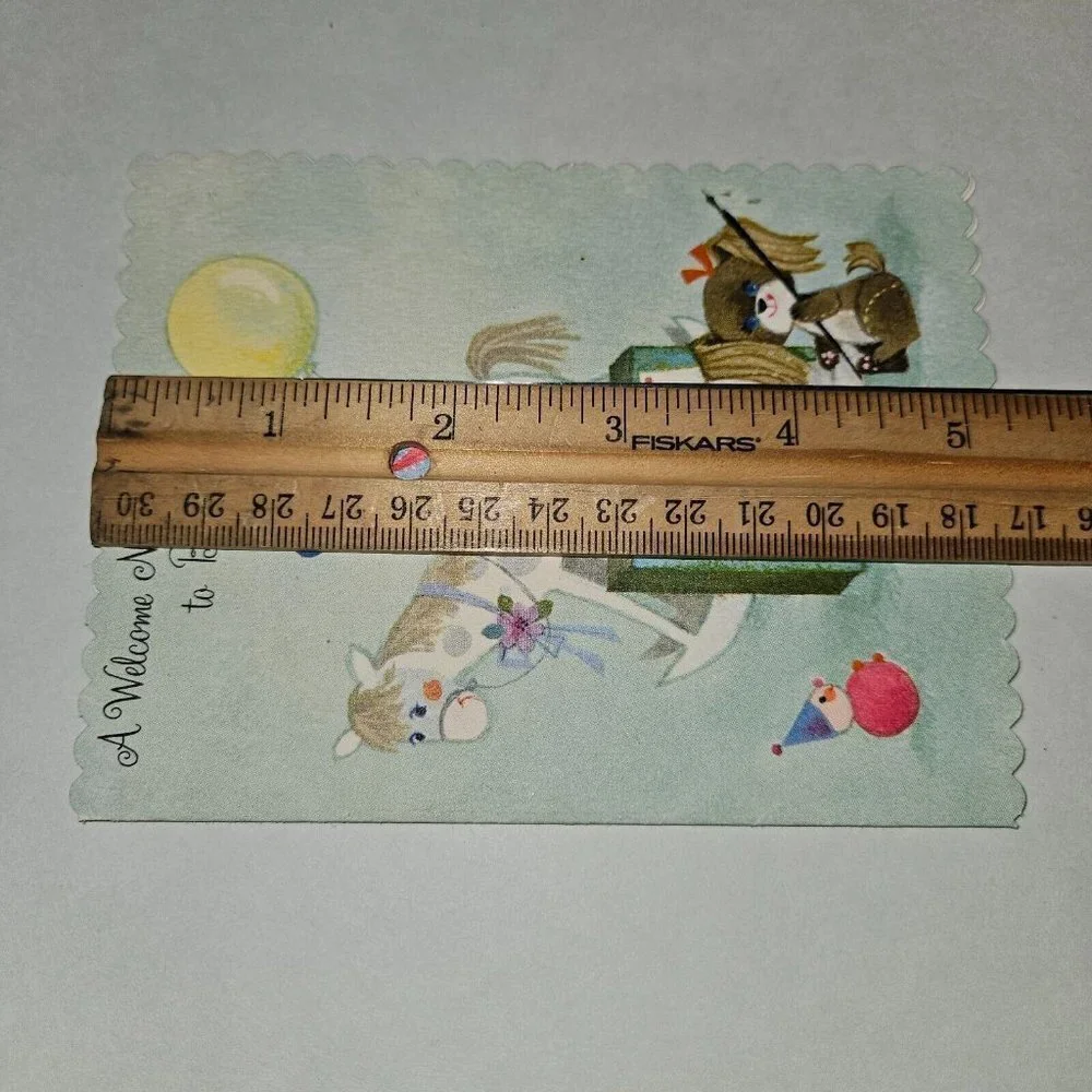 VTG New Baby Welcome Note Greeting Card Bear Dog Toys Scalloped NEVER USED